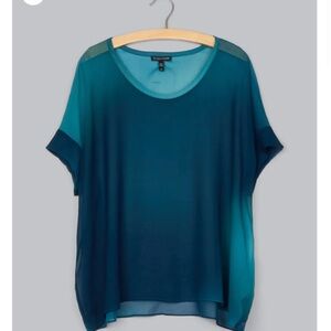 Eileen Fisher Ombré Renew Watercolor Sheer 100% Silk Blouse Square Shoulder Work